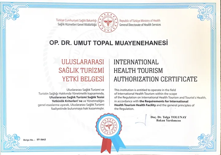 Op. Dr. Umut Topal Muayenehanesi Uluslararası Sağlık Turizmi Yetki Belgesi